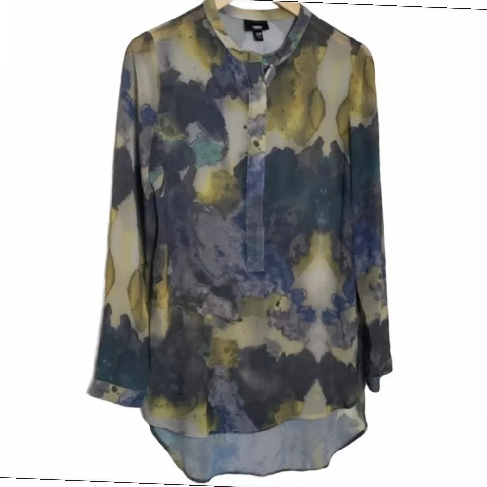 Mossimo Watercolor‎ Abstract Tunic Blouse Small Multicolor Zip Neck High Low Hem